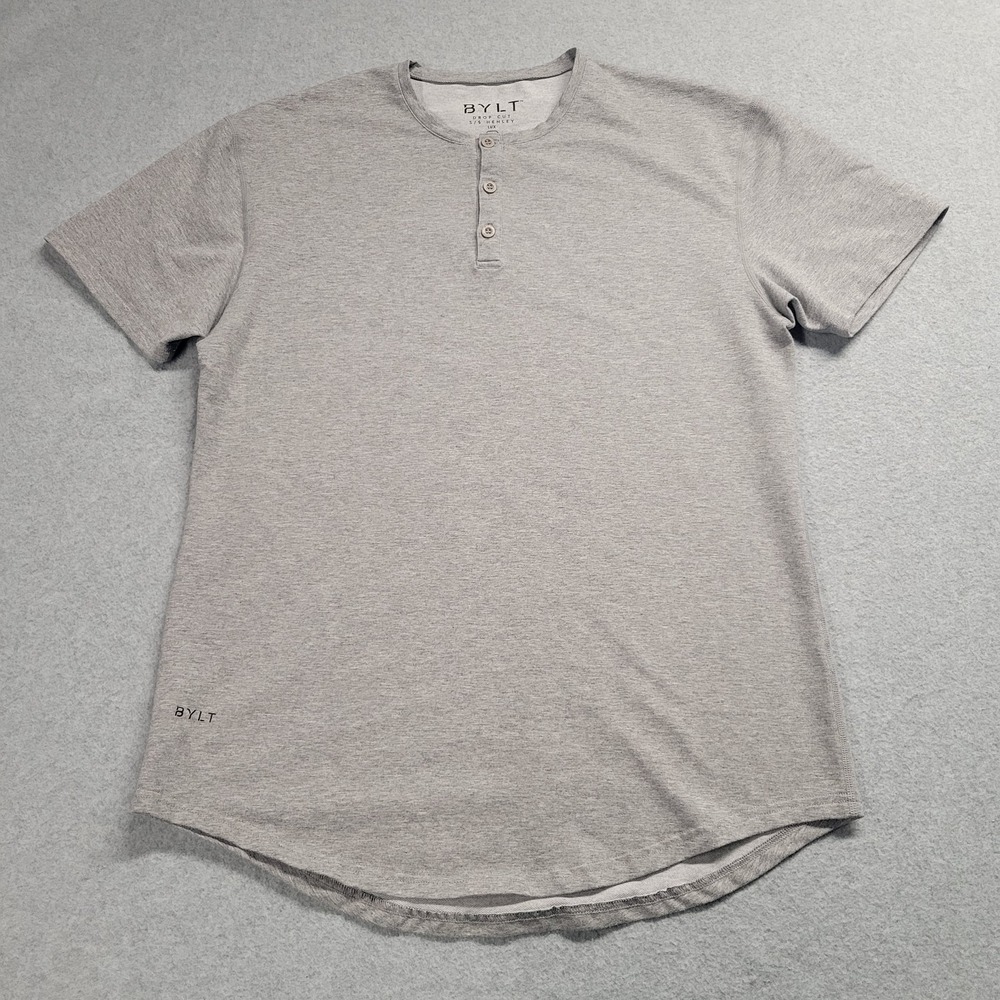 BYLT Mens M Gray Henley Drop Cut Lux‎ Shirt Buttons Gym Running Workout Wear